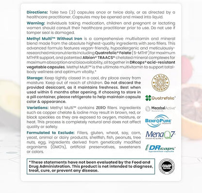 Methyl Multi Without Iron 120 Vegan 60 Day B12 & (5-MTHF), Multivitamin