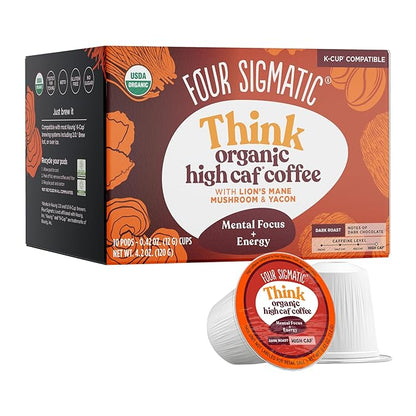 Four Sigmatic High Caffeine Mushroom Coffee K-Cups | Organic Dark Roast Coffee with Lion’s Mane & Yacon | Focus & Immune Support | Vegan & Keto | Sustainable Pods | 10 Count