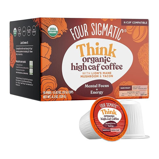 Four Sigmatic High Caffeine Mushroom Coffee K-Cups | Organic Dark Roast Coffee with Lion’s Mane & Yacon | Focus & Immune Support | Vegan & Keto | Sustainable Pods | 10 Count