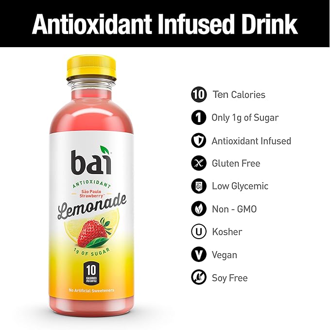 Bai Flavored Water, São Paulo Strawberry Lemonade, Antioxidant Infused Drinks, 18 Fluid Ounce Bottles, 6 Count
