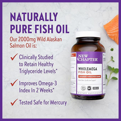 New Chapter Wholemega Fish Oil Supplement Omega-3 + D3 + 120 ct, 1000mg Softgels