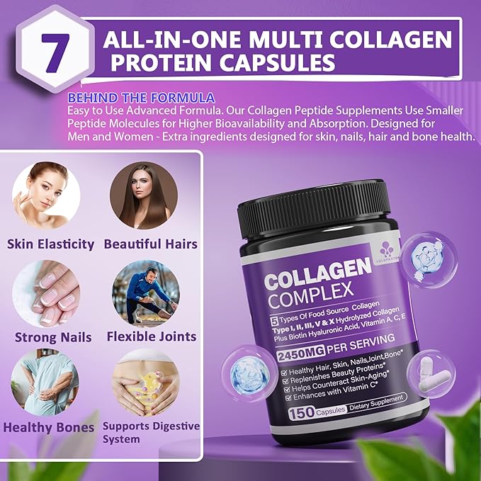 Multi Hydrolyzed Collagen Peptides Capsules 2200mg(Type I, 5000mcg, Vitamin