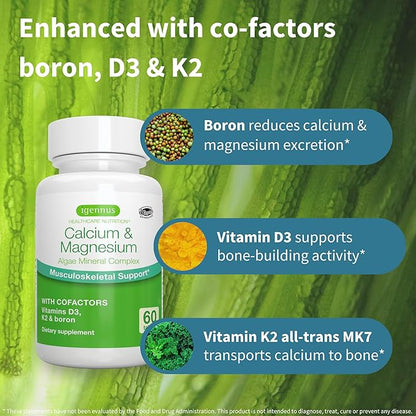 High Absorption Algae Calcium & Magnesium K2 & D3, Non-GMO 60 Tablets,
