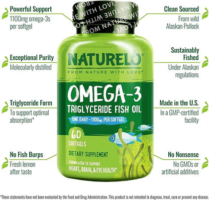 NATURELO Burpless Omega 3 Fish Oil Supplement - 1100mg Triglyceride Omega-3, EPA + DHA, Liquid Fish Oil Omega 3 for Heart, Eye, Brain, Joint Health - 60 Softgels, 2 Months Supply