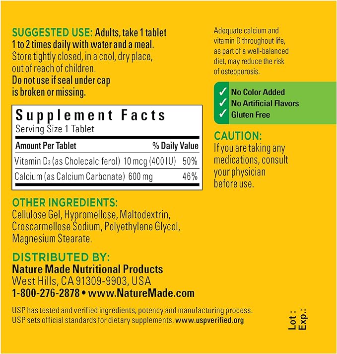 Nature Made Calcium 600 mg D3, Dietary 60 Tablets
