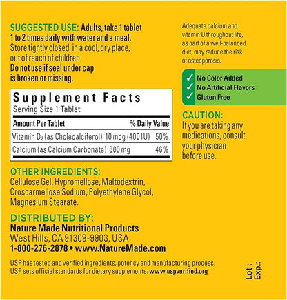 Nature Made Calcium 600 mg D3, Dietary 60 Tablets
