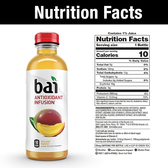Bai5, 10 calorie Malawi Mango, 100% Natural, Antioxidant Infused Beverage, 18 Fl Oz