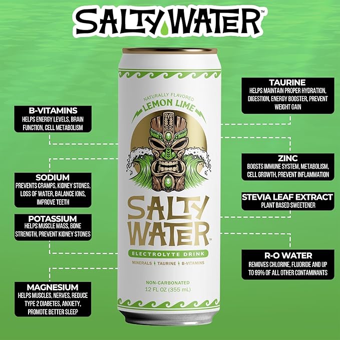 SaltyWater Electrolyte Drink, Lemon Lime – Zero Sugar Premium Hydration Drink, 10 Calories, Minerals, Taurine, B-Vitamins, Non-Carbonated - Zero Caffeine Electrolyte Sports Drink - Keto, Paleo, Vegan - 12 Pack (12 oz)