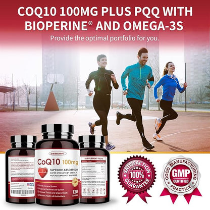 CoQ10-100mg-Softgels with PQQ, BioPerine & Omega-3, Q10 Supplement, 120 Servings,