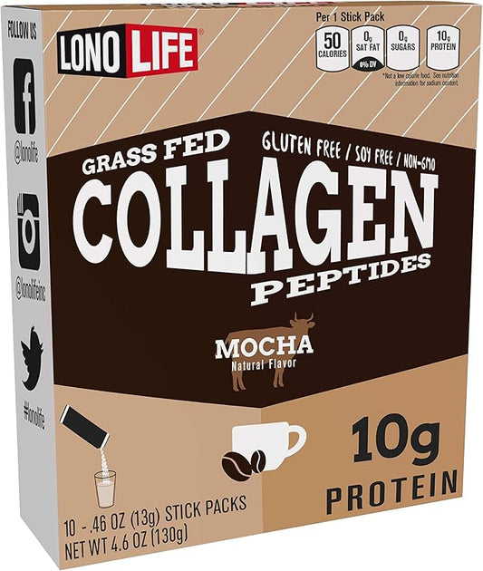LonoLife - Mocha Collagen Peptides 10g Protein, 10 Servings, 10 Count