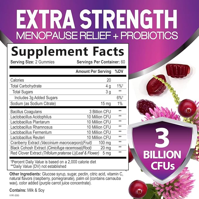 Menopause Probiotic for Women Gummy with Cranberry, 3 Billion CFU Natural Menopause Relief for Mild Hot Flashes & Night Sweats, PH, Vaginal Health, Immune Support, Probiotic Supplement - 120 Gummies