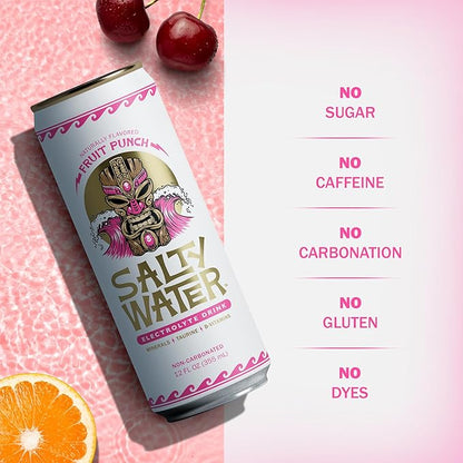 SaltyWater Electrolyte Drink, Fruit Punch – Zero Sugar Premium Hydration Drink, 10 Calories, Minerals, Taurine, B-Vitamins, Non-Carbonated - Zero Caffeine Electrolyte Sports Drink - Keto, Paleo, Vegan - 12 Pack (12 oz)