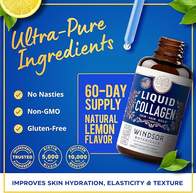 Concentrated Liquid Collagen Peptides Supplement 10,000mcg Collagen, 5,000mcg Biotin 2-Month - 2 oz
