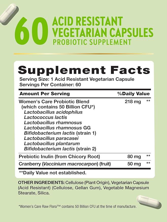 Raw Flora Probiotics for Women | 50 Billion CFU | 60 Capsules | with Cranberry & Prebiotic | Vegetarian & Gluten Free Vitamins | by Nature's Truth