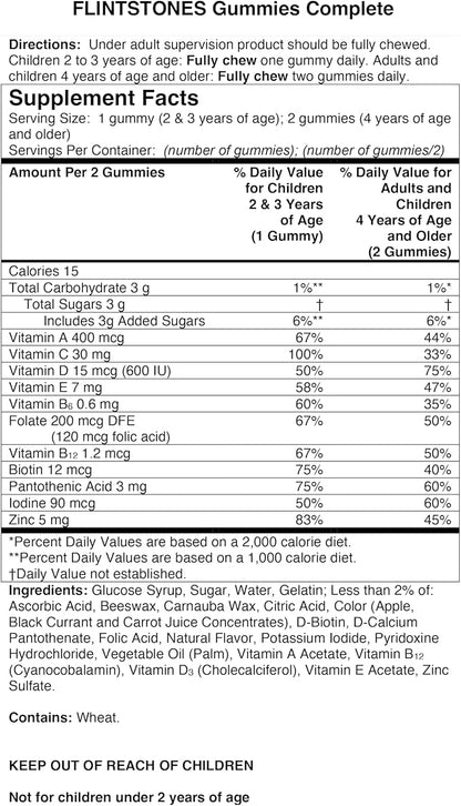 Flintstones Vitamins Complete Gummies, Kids Vitamins with Vitamin C for Toddlers and Children, Vitamins for Kids with Vitamin A, B6, B12, E & Zinc, 180 Count
