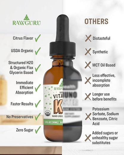 RawGuru Vitamin K2 Supplement - Organic Vegan Vitamin K2 MK7 with Trace Minerals - Nano-Processed Antioxidant & Immune Support Supplement Tincture - 30 Servings of Vegan Drops per 30 ml, Pack of 1