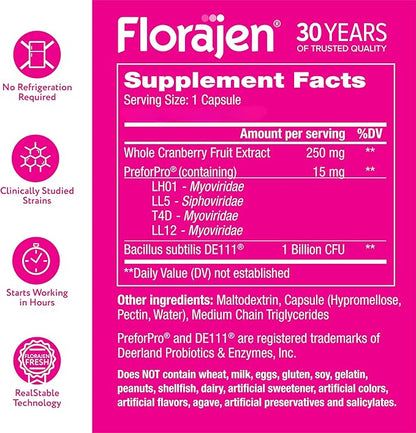 Florajen Women's Vaginal Probiotic, Prebiotic, & Cranberry Supplement for Immune Support and Digestive Health, 30 Capsules