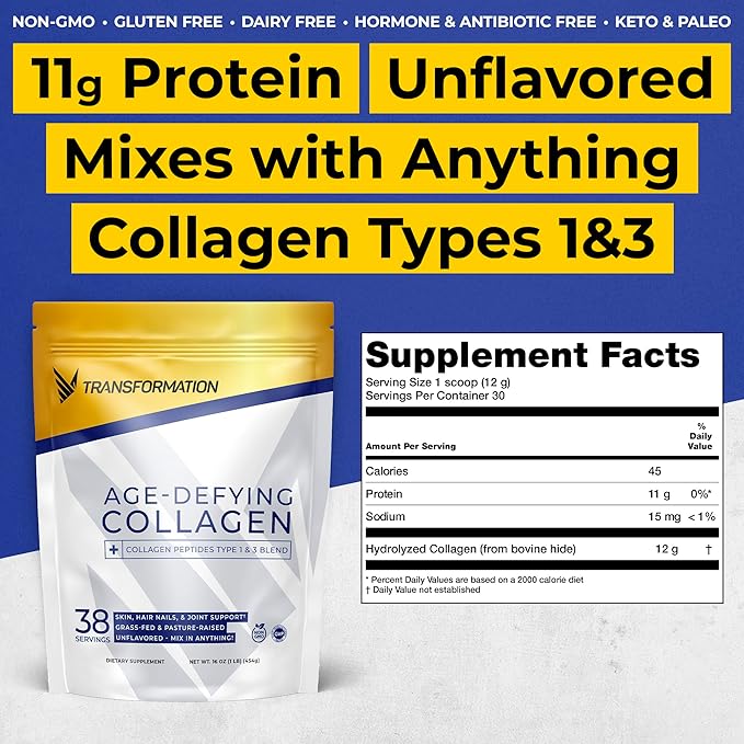 Transformation Grass-Fed Hydrolyzed Collagen Peptides Powder 1 & 3 | 16oz Unflavored