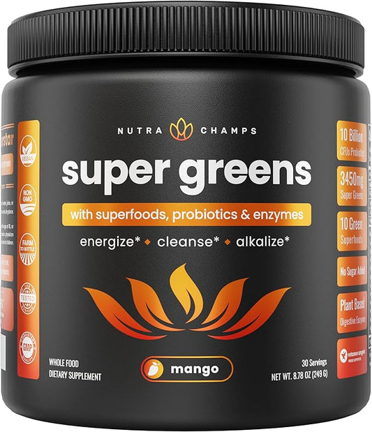 NutraChamps Super Greens Powder Premium Superfood | 20+ Organic Green Veggie Whole Foods | Wheat Grass, Spirulina, Chlorella | Antioxidant, Digestive Enzyme & Probiotic Blends (9.0 OZ, Mango)