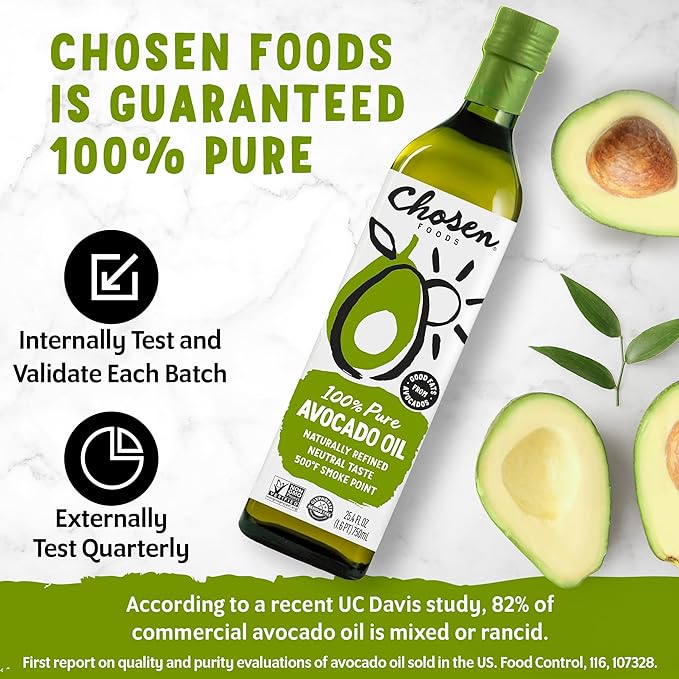 Chosen Foods 100% Pure Avocado Oil for Cooking - 25.4 floz - Rich in Good Fats, Vitamin E, Naturally Refined, High Smoke Point, Non-GMO, Soy-Free, Canola Oil-Free, Gluten-Free, Paleo, Keto + Digital Recipe Book