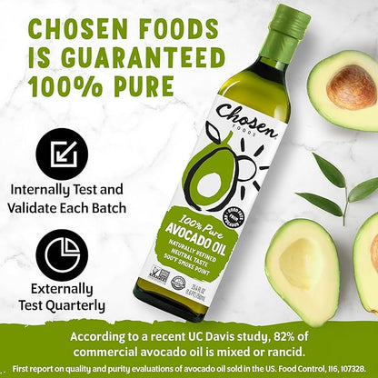 Chosen Foods 100% Pure Avocado Oil for Cooking - 25.4 floz - Rich in Good Fats, Vitamin E, Naturally Refined, High Smoke Point, Non-GMO, Soy-Free, Canola Oil-Free, Gluten-Free, Paleo, Keto + Digital Recipe Book