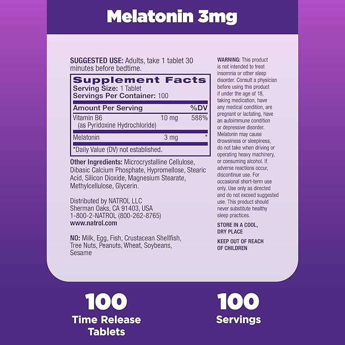 Natrol Melatonin Time Release Tablets, Helps 100% Vegetarian, 3mg, 100 100 Count