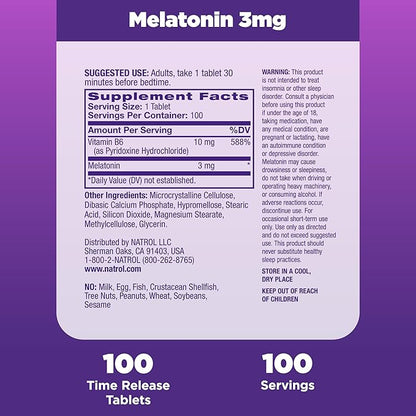 Natrol Melatonin Time Release Tablets, Helps 100% Vegetarian, 3mg, 100 100 Count