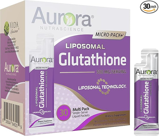 Aurora Nutrascience Micro-Liposomal Liquid Glutathione, Immune System Support, Antioxidant, 500 mg per Serving (10mL), 30 Single-Serve Packets, Gluten Free, Non-GMO, Sugar-Free, 10 fl oz (300mL)