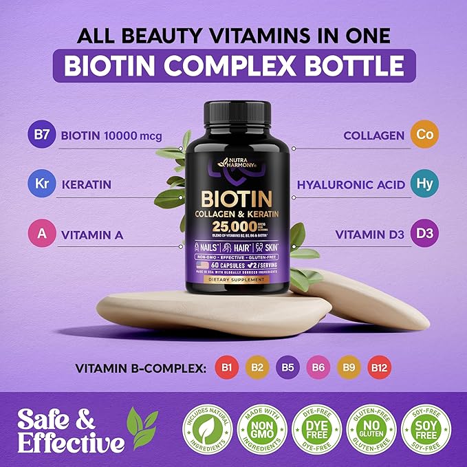 Biotin | Collagen | Keratin - 25,000 mcg B2, B3, B3, B6 B6 & B7 - 60 Capsules, 2 Capsules