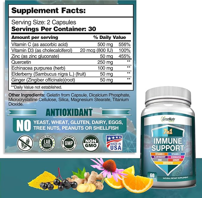 7 in 1 Immune Support Supplement D3, Zinc 50mg, Quercetin, 60 Capsules (1 Bottle)