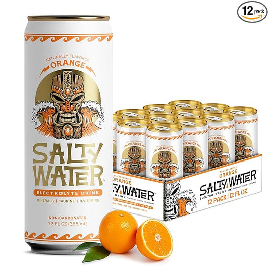 SaltyWater Electrolyte Drink, Orange – Zero Sugar Premium Hydration Drink, 10 Calories, Minerals, Taurine, B-Vitamins, Non-Carbonated - Zero Caffeine Electrolyte Sports Drink - Keto, Paleo, Vegan - 12 Pack (12 oz)