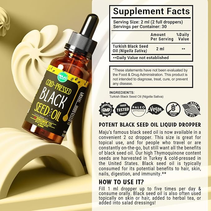 Maju Superfoods Black Seed Oil - 3 Times TQ, Cold-Pressed, Travel Size, 100% Turkish Black Cumin Seed Oil, Liquid Pure Blackseed Oil, Glass Bottle, 2 Oz