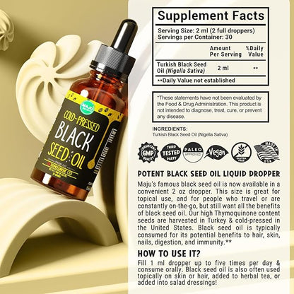 Maju Superfoods Black Seed Oil - 3 Times TQ, Cold-Pressed, Travel Size, 100% Turkish Black Cumin Seed Oil, Liquid Pure Blackseed Oil, Glass Bottle, 2 Oz