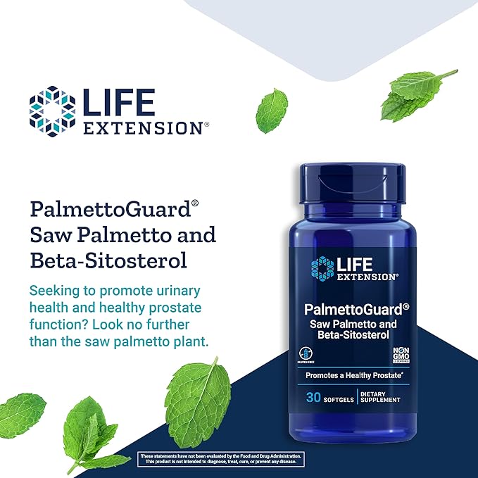Life Extension PalmettoGuard Saw Palmetto & Beta-Sitosterol – Supports Healthy Prostate Function & Hormone Metabolism Health – Supplements for Men - Gluten-Free, Non-GMO – 30 softgels