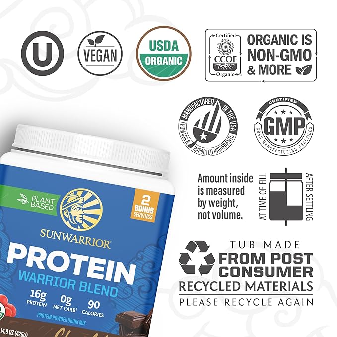 Sunwarrior Vegan Protein Powder Plant-Based USDA Organic | BCAA Amino Acids Hemp Seed | Keto Friendly Soy, Dairy, Gluten, & Synthetic Free Non-GMO | Chocolate 17 Servings 16g
