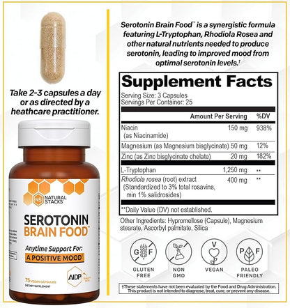 NATURAL STACKS Serotonin Brain Food w/L-Tryptophan & Rhodiola Rosea - Mood Support Supplement - Promotes Positive Mood, Calmness, Stress Relief - Happy Mood & Brain Support Supplement - 75 Capsules