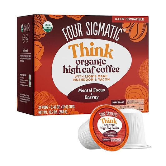 Four Sigmatic High Caffeine Mushroom Coffee K-Cups | Organic Dark Roast Coffee with Lion’s Mane & Chaga | Focus & Immune Support | Vegan & Keto | Sustainable Pods | 24 Count