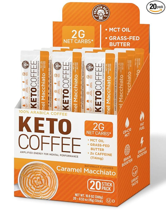 The Frozen Bean - Caramel Macchiato Keto Instant Coffee Mix with Low Sugar, MCT Oils, Improves Focus and Energy, and Increase Metabolism - 20 Single Serve Sticks