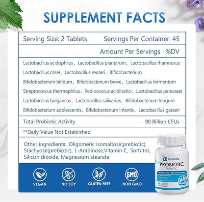 Probiotics 90 Billion CFUs 18 Strains,with 3 Organic Prebiotics & Vitamin C,Nutritional Supplement for Women,Men & Kids,Support Metabolism,Immunity and Digestive Health,Non-GMO, 90 Tablets