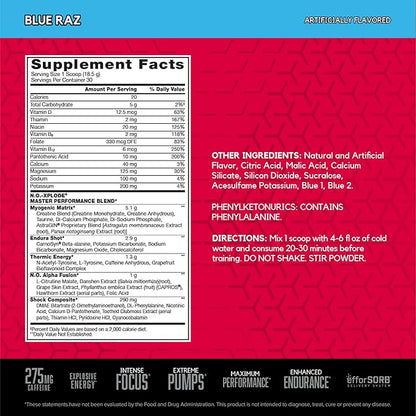 BSN N.O.-XPLODE Pre Workout Powder, Energy Supplement for Men and Women with Creatine and Beta-Alanine, Flavor: Blue Raz, 30 Servings