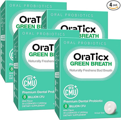 Oral Probiotics Green Breath, Freshen Bad Breath, Dental Probiotic Supplement for Oral Health, 8 Billion CFU, Mint Flavor 30 Lozenges 4-Pack