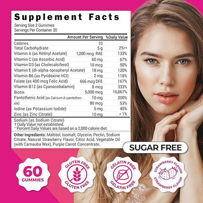 ZENZSUAL Hair, Skin and Nails Gummies – Multivitamin with Biotin, Vitamin C, B12 and Zinc – Vegan Supplement and Sugar Free (60 Gummies)