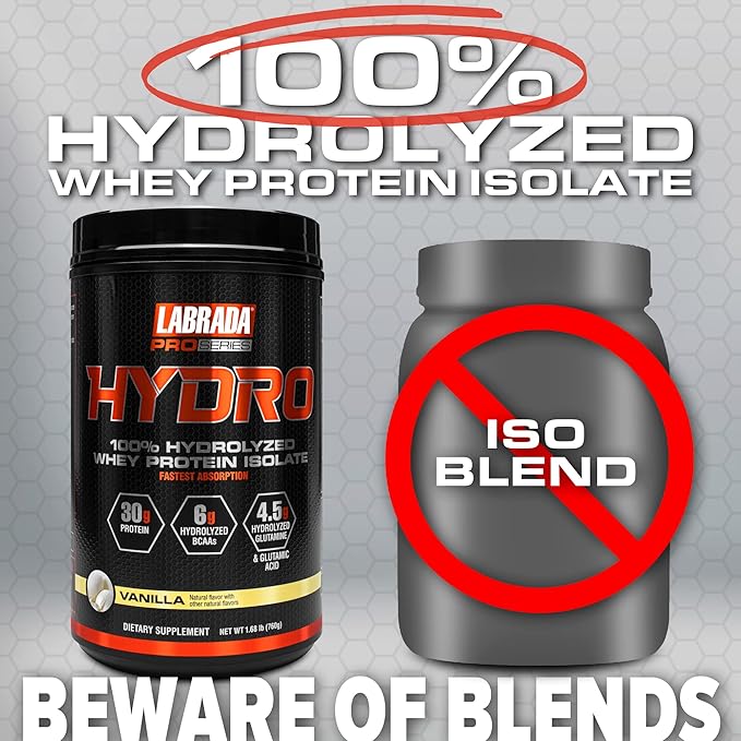 Labrada HYDRO 100% Pure Hydrolyzed Whey 6g BCAA’s, 4.5g Glutamine, 20 Servings