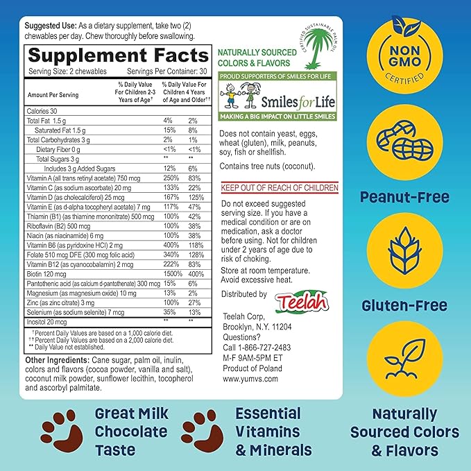 YUM-V'S - Kids Multivitamin Chewable Chocolate Bears - Multivitamin for Kids Supplement - 16 Vitamins & Minerals - Vitamins Including D, Zinc, C, B Complex & More, 60 Count Pack of 2