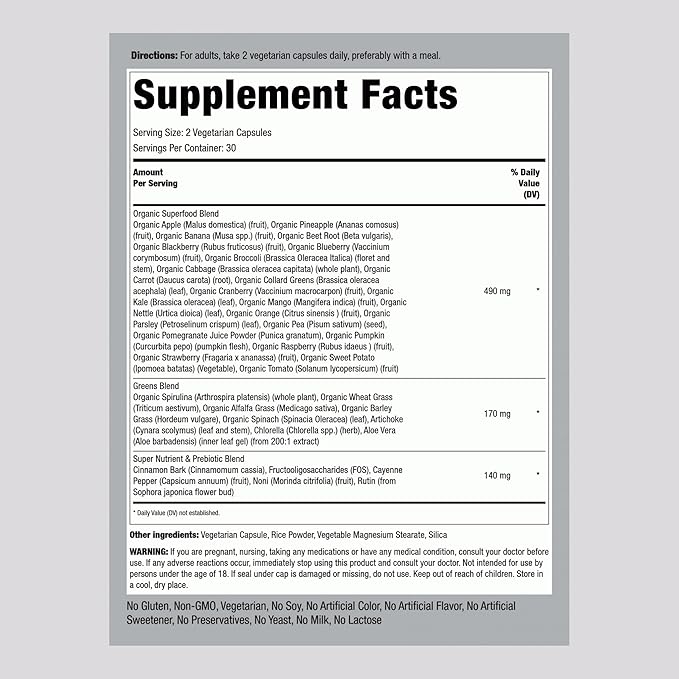 Piping Rock Fruits and Veggies Supplement | 60 Capsules | Superfood Fruit and Vegetables Vitamins | with Prebiotic Blend | Vegetarian Formula | Non-GMO, Gluten Free