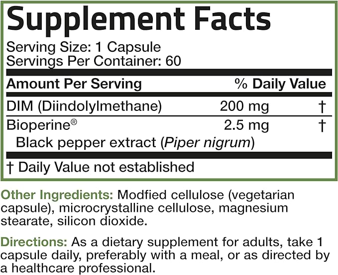 Bronson DIM 200 MG Supplement Diindolymethane with BioPerine for Enhanced Absorption, Estrogen Metabolism & Maintains Balanced Hormone Levels, 60 Vegetarian Capsules