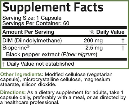 Bronson DIM 200 MG Supplement Diindolymethane with BioPerine for Enhanced Absorption, Estrogen Metabolism & Maintains Balanced Hormone Levels, 60 Vegetarian Capsules