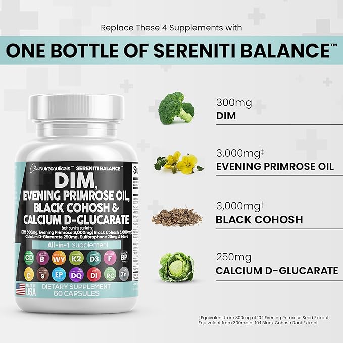 Clean Nutraceuticals DIM 300mg Evening Primrose 3000mg Black 3000mg Calcium 250mg Sulforaphane 60 Caps