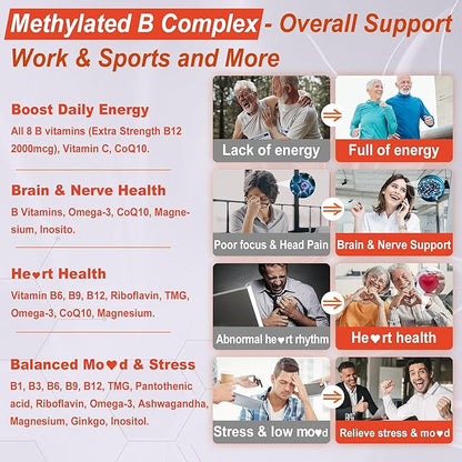 Vitamin B Complex Filled Gummies for Women & Men, Methylated B Complex w/Omega 3, Magnesium,CoQ10, Ashwagandha,Vitamin C, TMG -All B Vitamins- B1,B2,B3,B5,B6,B7,B9 Folate,B12,Inositol,PABA, Sugar Free