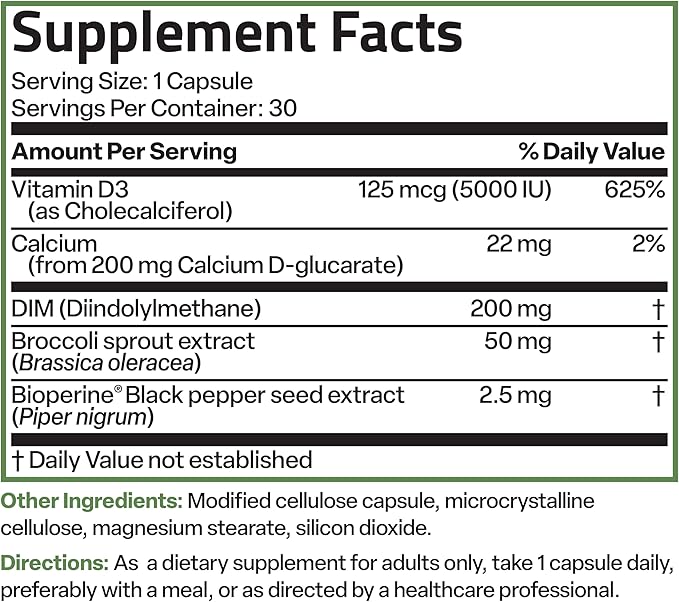 Bronson DIM Balance+ Calcium D-Glucarate, Broccoli Sprouts and Vitamin D3 200 MG of DIM per Capsule Supports Estrogen Metabolism and Balanced Hormone Levels Non-GMO, 30 Vegetarian Capsules